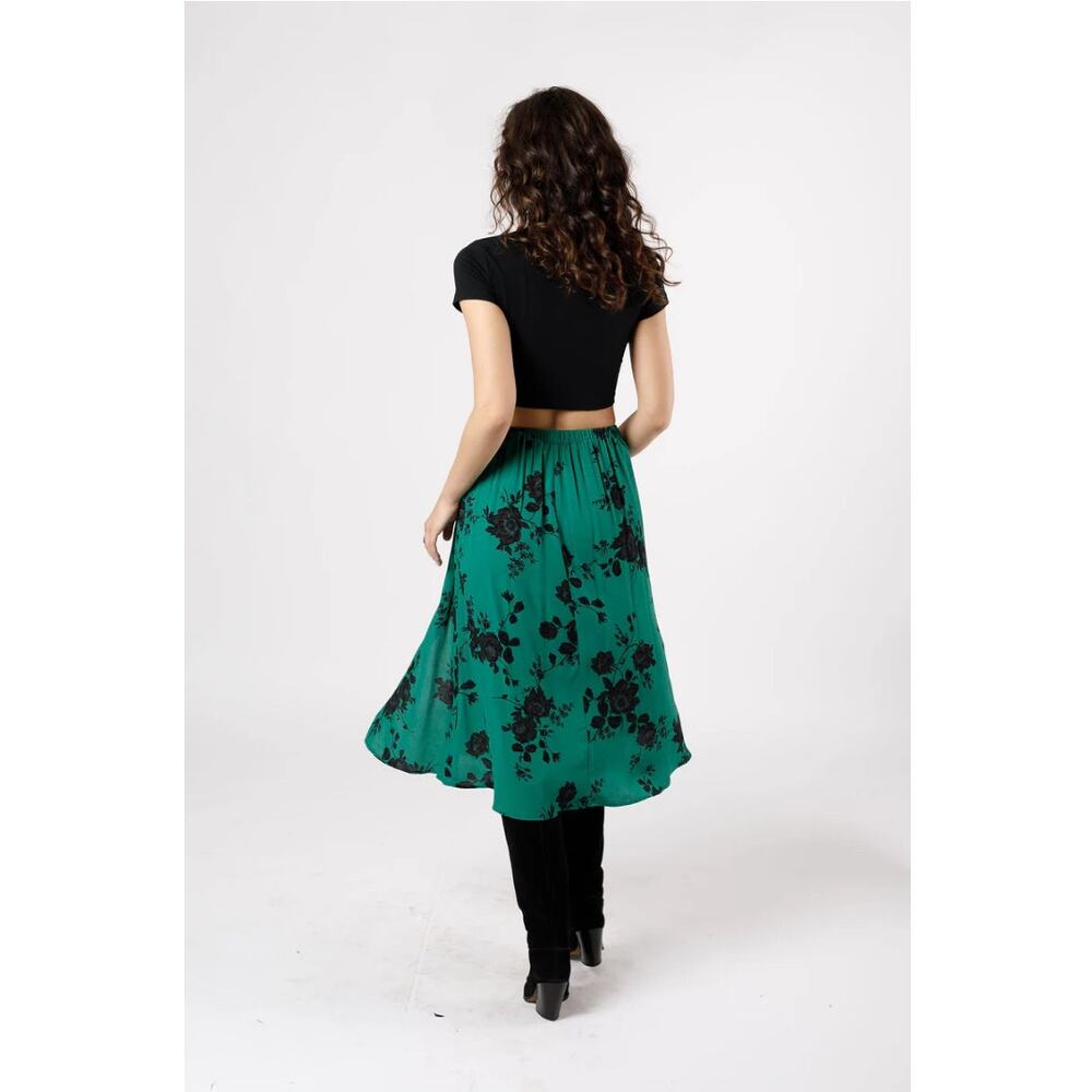 Band of the Free Etta Emerald Floral Midi Skirt Green Black XS Front Slit NEW - Picture 2 of 8
